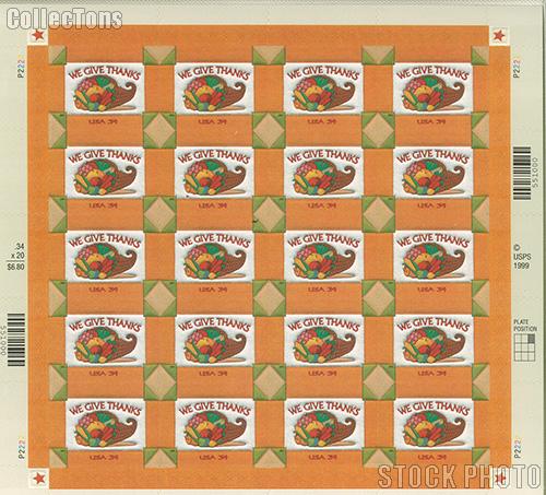 2001 Thanksgiving 34 Cent US Postage Stamp Unused Sheet of 20 Scott #3546