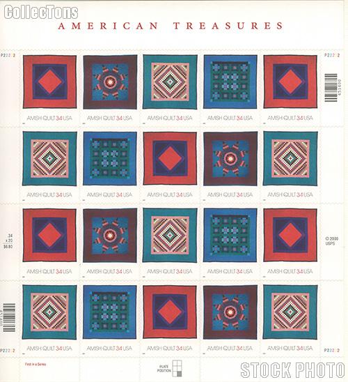 2001 American Treasures Series Amish Quilts 34 Cent US Postage Stamp Unused Sheet of 20 Scott #3524-#3527