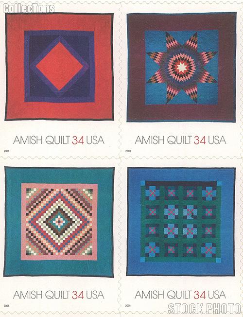 2001 American Treasures Series Amish Quilts 34 Cent US Postage Stamp Unused Sheet of 20 Scott #3524-#3527
