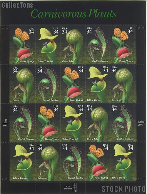 2001 Carnivorous Plants 34 Cent US Postage Stamp Unused Sheet of 20 Scott #3528 - #3531