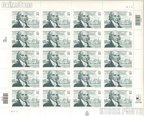 2001 James Madison (1751-1836) 34 Cent US Postage Stamp Unused Sheet of 20 Scott #3545