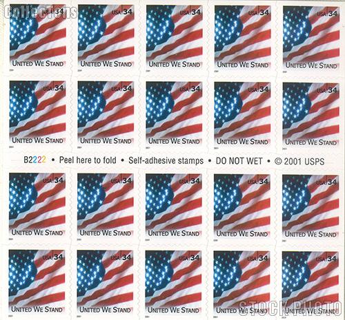 2001 United We Stand 34 Cent US Postage Stamp Unused Booklet of 20 Scott #3549A