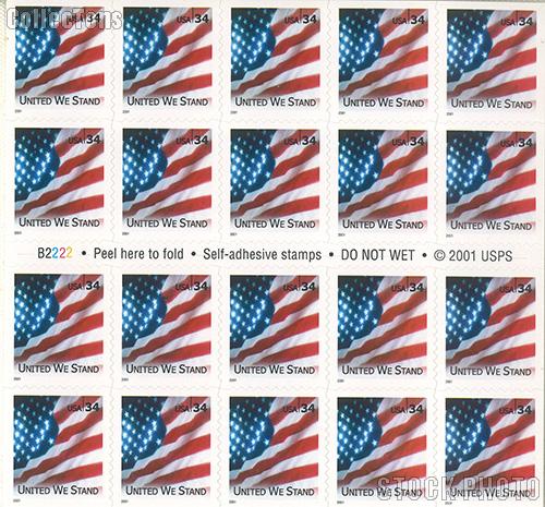 2001 United We Stand 34 Cent US Postage Stamp Unused Booklet of 20 Scott #3549A