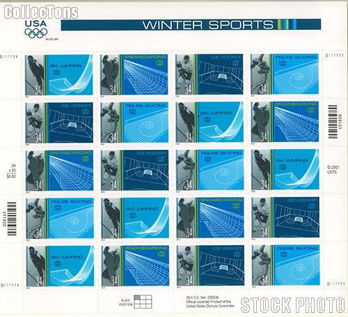 2002 Winter Olympics 34 Cent US Postage Stamp Unused Sheet of 20 Scott #3552 - #3555