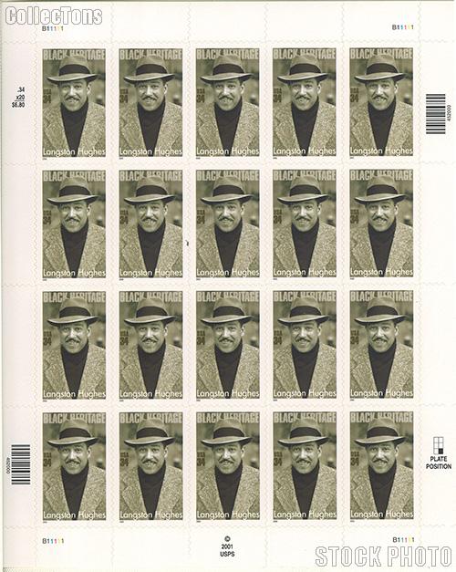 2002 Black Heritage Series - Langston Hughes 34 Cent US Postage Stamp Unused Sheet of 20 Scott #3557