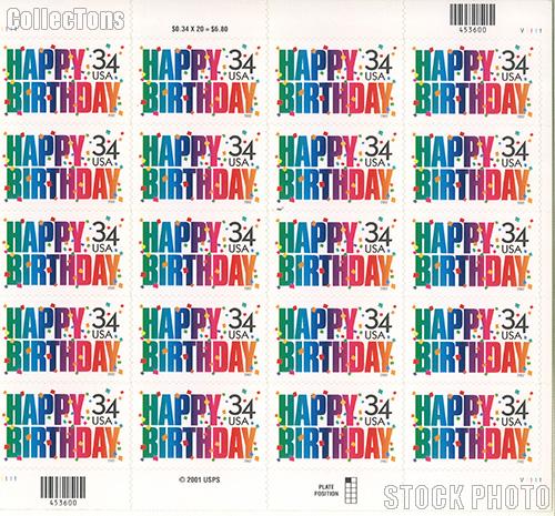2002 Happy Birthday 34 Cent US Postage Stamp Unused Sheet of 20 Scott #3558