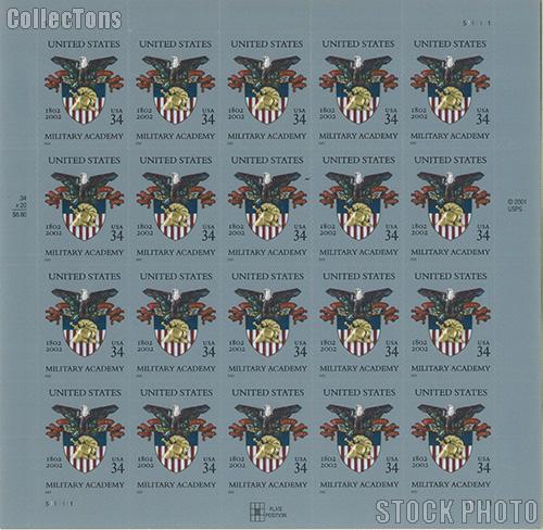 2002 U.S. Military Academy Bicentennial 34 Cent US Postage Stamp Unused Sheet of 20 Scott #3560