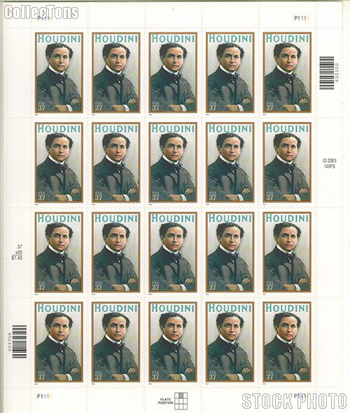 2002 Harry Houdini (1874-1926), Magician 37 Cent US Postage Stamp Unused Sheet of 20 Scott #3651