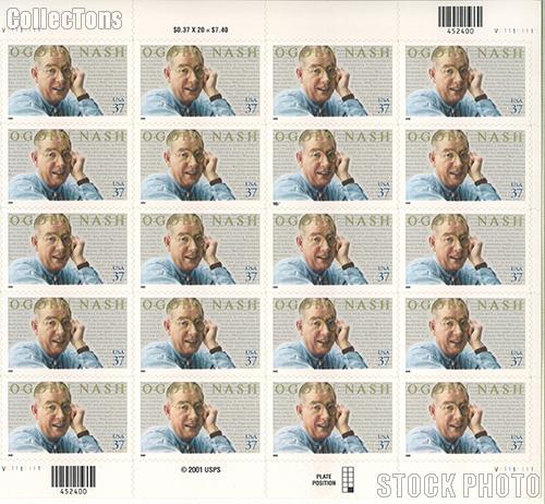 2002 Literary Arts - Ogden Nash 37 Cent US Postage Stamp Unused Sheet of 20 Scott #3659