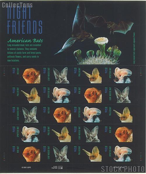 2002 American Bats 37 Cent US Postage Stamp Unused Sheet of 20 Scott #3661-#3664