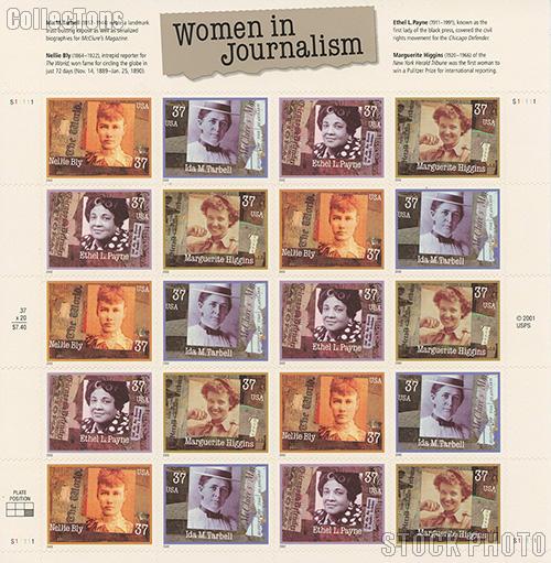 2002 Women in Journalism 37 Cent US Postage Stamp Unused Sheet of 20 Scott #3665-#3668