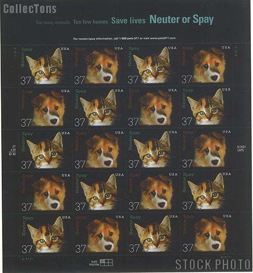 2002 Neuter and Spay 37 Cent US Postage Stamp Unused Sheet of 20 Scott #3670-#3671