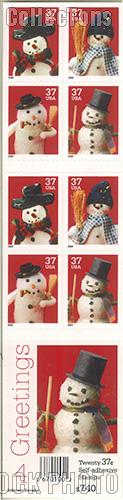 2002 Christmas - Snowman 37 Cent US Postage Stamp Unused Booklet of 20 Scott #3684B-#3687B