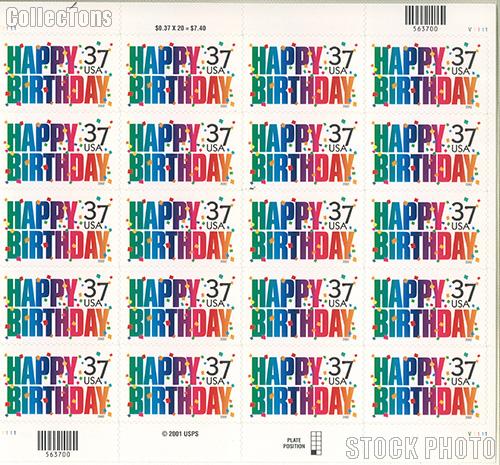 2002 Happy Birthday 37 Cent US Postage Stamp Unused Sheet of 20 Scott #3695