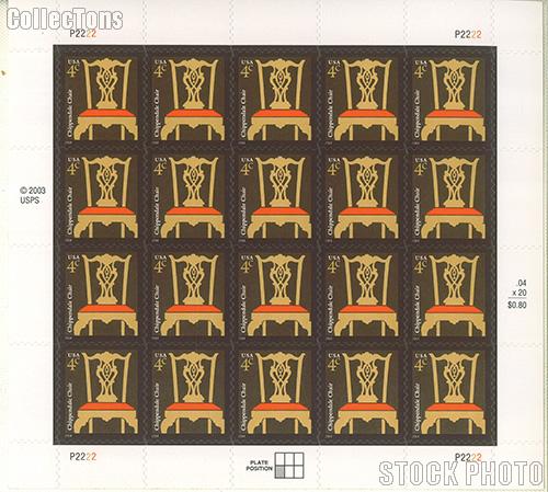 2003-2008 American Design Series - Chippendale Chair 4 Cent US Postage Stamp Unused Sheet of 20 Scott #3755