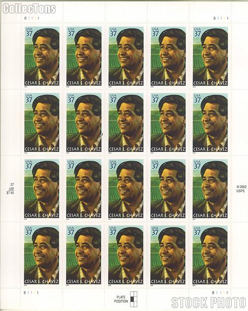 2003 Cesar E. Chavez (1927-1993), Labor Organizer 37 Cent US Postage Stamp Unused Sheet of 20 Scott #3781