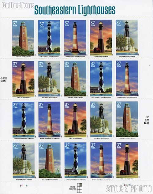 2003 Southeastern Lighthouses 37 Cent US Postage Stamp Unused Sheet of 20 Scott #3787 - #3791