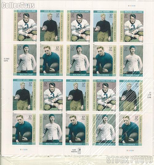 2003 Early Football Heroes 37 Cent US Postage Stamp Unused Sheet of 20 Scott #3808 - #3811