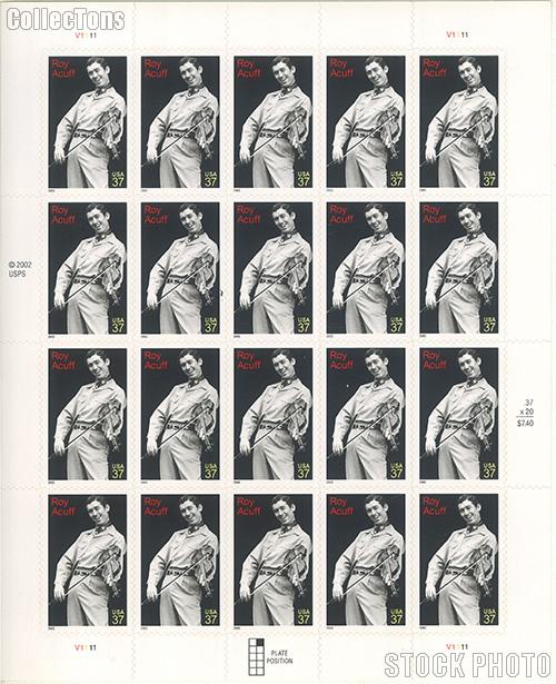 2003 Roy Acuff 37 Cent US Postage Stamp Unused Sheet of 20 Scott #3812