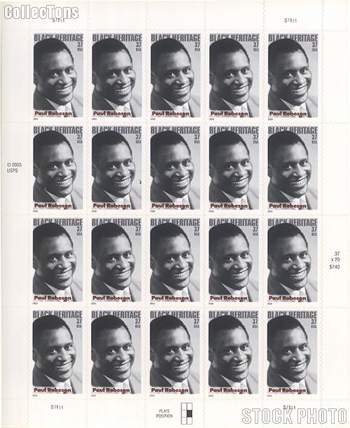 2004 Black Heritage Series - Paul Robeson 37 Cent US Postage Stamp Unused Sheet of 20 Scott #3834