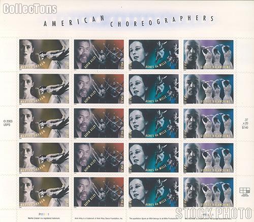 2004 American Choreographers 37 Cent US Postage Stamp Unused Sheet of 20 Scott #3840-#3843