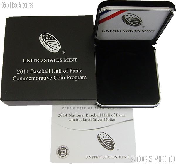 2014 National Baseball Hall of Fame Commemorative Uncirculated Silver Dollar OGP Replacement Box and COA