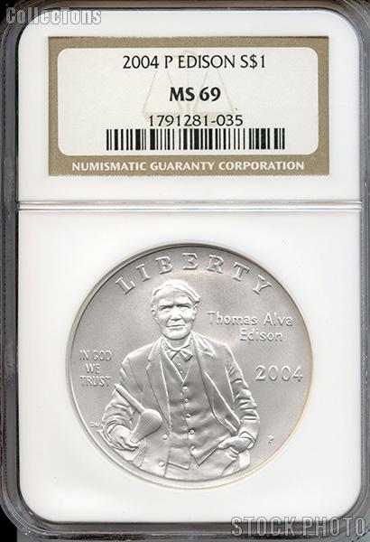 2004-P Thomas Alva Edison Commemorative Uncirculated Silver Dollar in NGC MS 69