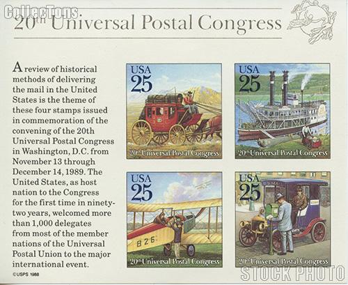 1989 20th UPU Congress Traditional Mail Delivery 25 Cent US Postage Stamp Souvenir Sheet of 4 Scott #2438
