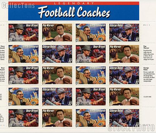 1997 Football Coaches 32 Cent US Postage Stamp MNH Sheet of 20 Scott #3143-#3146