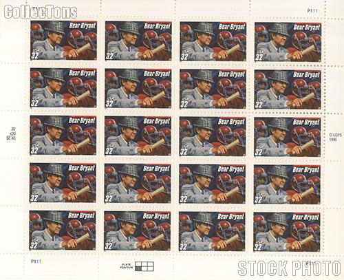 1997 Football Coaches - Bear Bryant 32 Cent US Postage Stamp MNH Sheet of 20 Scott #3148