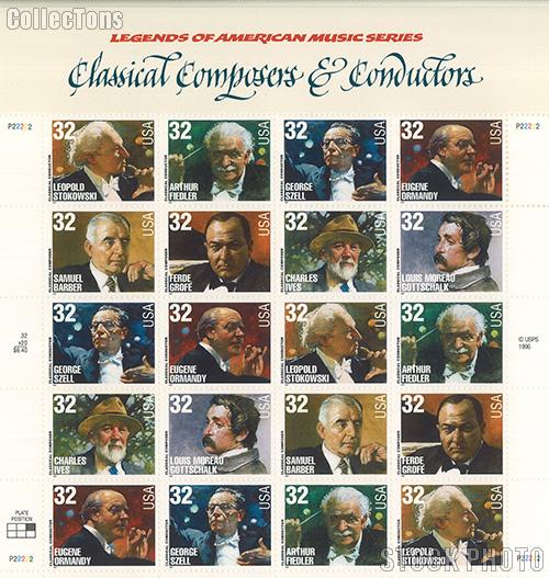 1997 American Music Series - Classical Composers and Conductors 32 Cent US Postage Stamp MNH Sheet of 20 Scott #3158-#3165