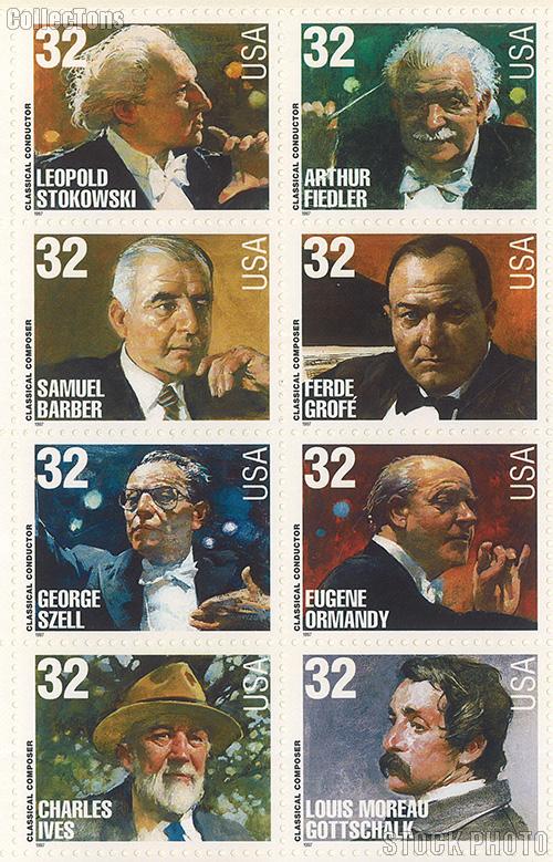 1997 American Music Series - Classical Composers and Conductors 32 Cent US Postage Stamp MNH Sheet of 20 Scott #3158-#3165