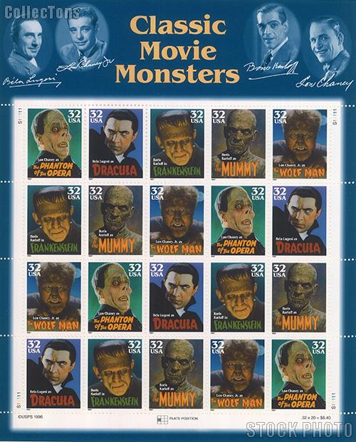 1997 Classic Movie Monsters 32 Cent US Postage Stamp MNH Sheet of 20 Scott #3168-#3172
