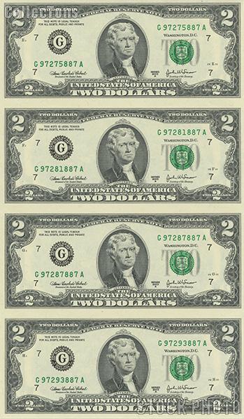 2003 Thomas Jefferson $2 Bill Uncut Currency Sheet of 4 Bills