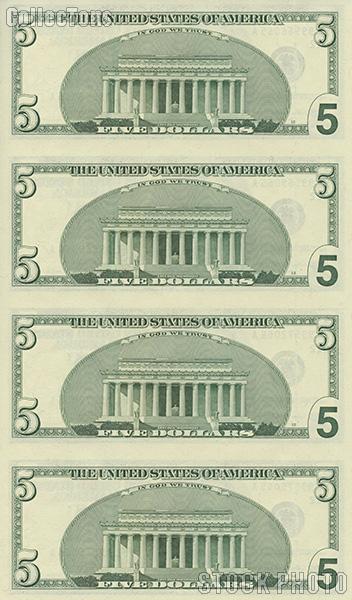 2003 Abraham Lincoln $5 Bill Uncut Currency Sheet of 4 Bills