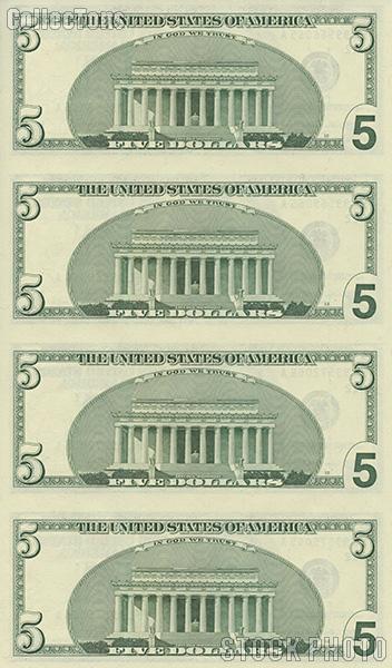 2003 Abraham Lincoln $5 Bill Uncut Currency Sheet of 4 Bills
