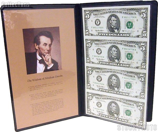 1995 Abraham Lincoln $5 Bill Uncut Currency Set (4 bills) in Portfolio from World Reserve Monetary Exchange