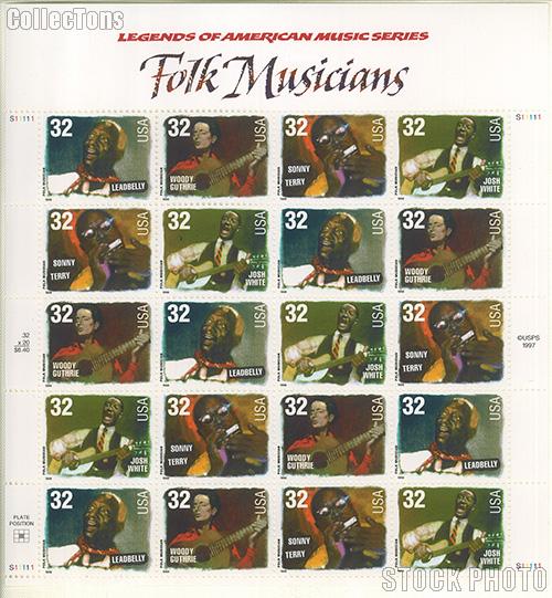 1998 American Music Series - Folk Musicians 32 Cent US Postage Stamp MNH Sheet of 20 Scott #3212-#3215