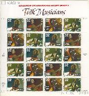 1998 American Music Series - Folk Musicians 32 Cent US Postage Stamp MNH Sheet of 20 Scott #3212-#3215