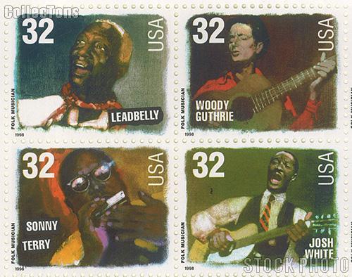 1998 American Music Series - Folk Musicians 32 Cent US Postage Stamp MNH Sheet of 20 Scott #3212-#3215