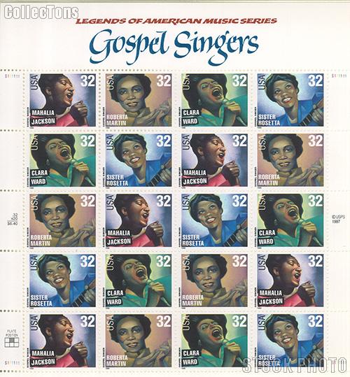 1998 American Music Series - Gospel Singers 32 Cent US Postage Stamp MNH Sheet of 20 Scott #3216-#3219