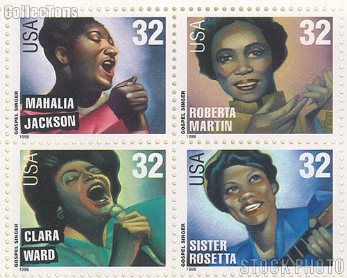 1998 American Music Series - Gospel Singers 32 Cent US Postage Stamp MNH Sheet of 20 Scott #3216-#3219