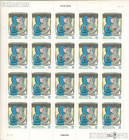 1998 Organ & Tissue Donation 32 Cent US Postage Stamp Unused Sheet of 20 Scott #3227