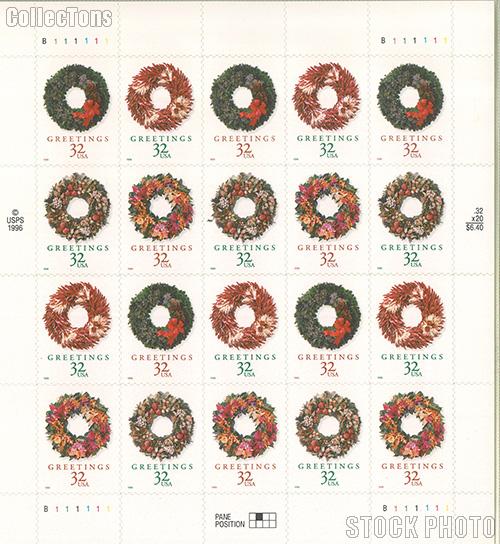 1998 Christmas - Wreaths 32 Cent US Postage Stamp Unused Sheet of 20 Scott #3249-#3252