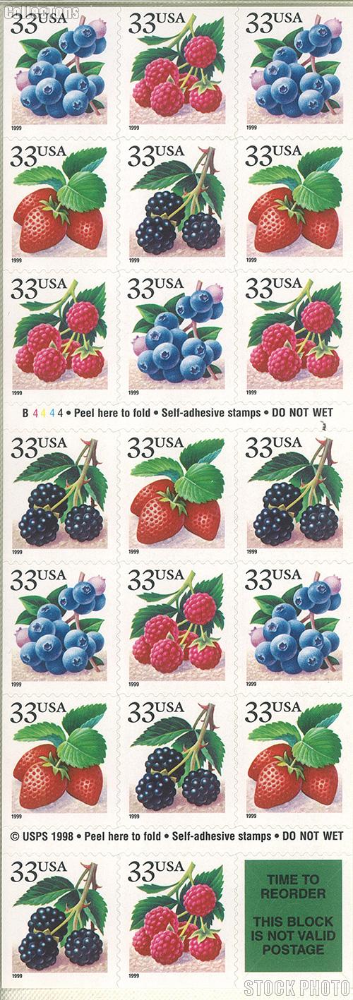 1999 Berries 33 Cent US Postage Stamp Unused Booklet of 20 Scott #3294B - #3297B