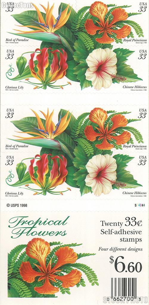 1999 Tropical Flowers 33 Cent US Postage Stamp Unused Booklet of 20 Scott #3310 - #3313