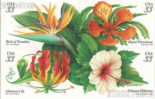 1999 Tropical Flowers 33 Cent US Postage Stamp Unused Booklet of 20 Scott #3310 - #3313