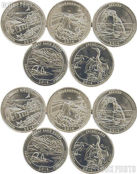2014 National Park Quarters Complete Set P & D Uncirculated (10 Coins) TN, VA, UT, CO, FL