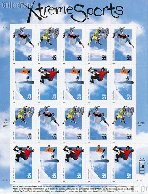 1999 Xtreme Sports 33 Cent US Postage Stamp Unused Sheet of 20 Scott #3321-#3324
