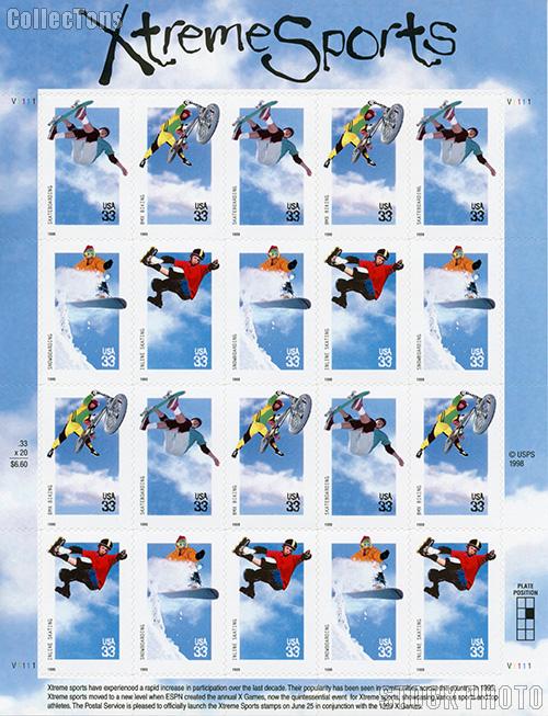 1999 Xtreme Sports 33 Cent US Postage Stamp Unused Sheet of 20 Scott #3321-#3324